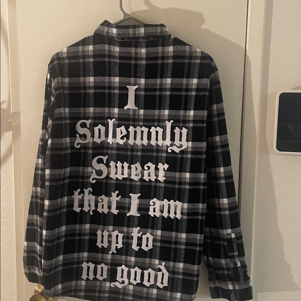 Black and Gray Plaid Button-Down Shirt with Graphic Back
